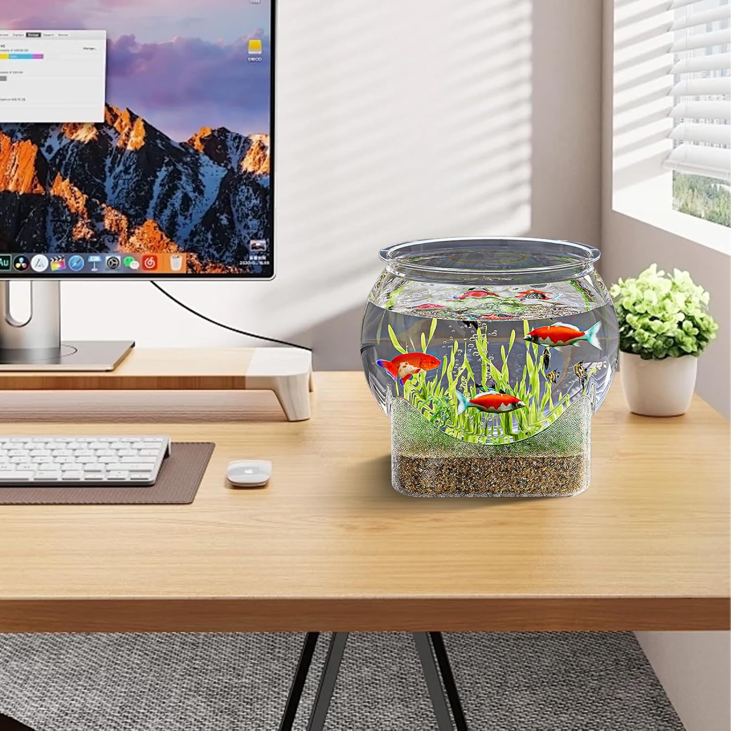 Round Plastic Fish Bowl Betta Fish Aquarium Clear Shatterproof Mini Desktop Aquarium Centerpiece for Home Decoration