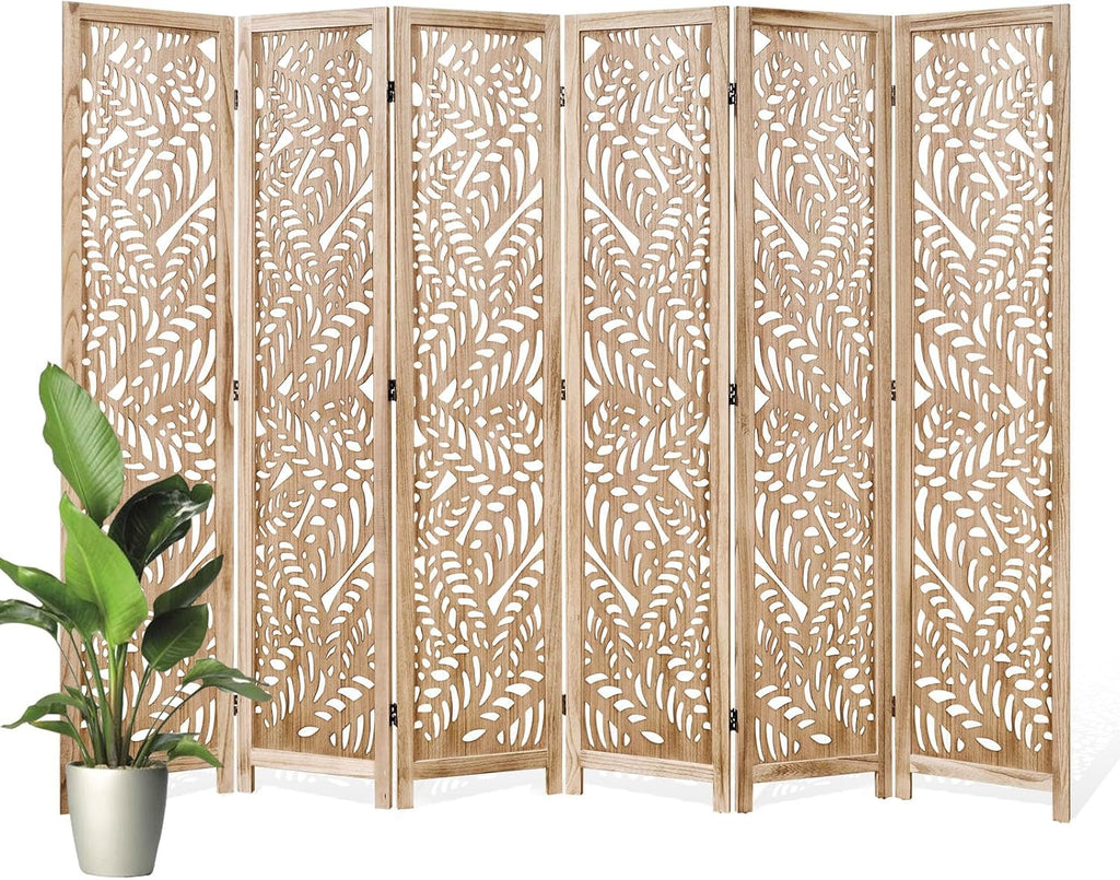 Leaf-Carved Room Divider Privacy Screen - 67 Inch Tall Foading Decorative Wood Screen Dividers Panel for Home - Natural Wood Room Partitions for Enhanced Privacy and Style Natural 6 Paned