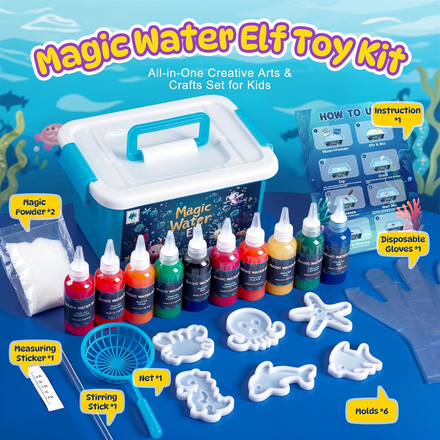 TMOL Magic Water Elf Toy Kit, Aqua Fairy Water Gel Kit for Kids with 10 Magic Gel & 6 Molds,Make Your Own Water Pets & Squishy Toys, Craft Kits for Kids Ages 8 9 10 Years Old