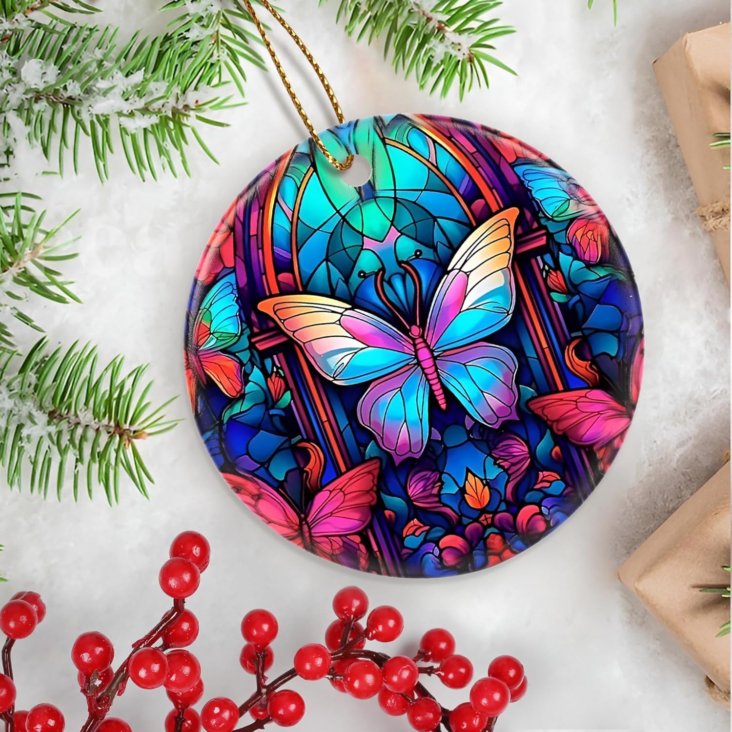 Touber Butterfly Ornament, Christmas Decoration, Holiday Present Idea, Heirloom Keepsake, Round Ceramic, Bauble Present, Butterfly