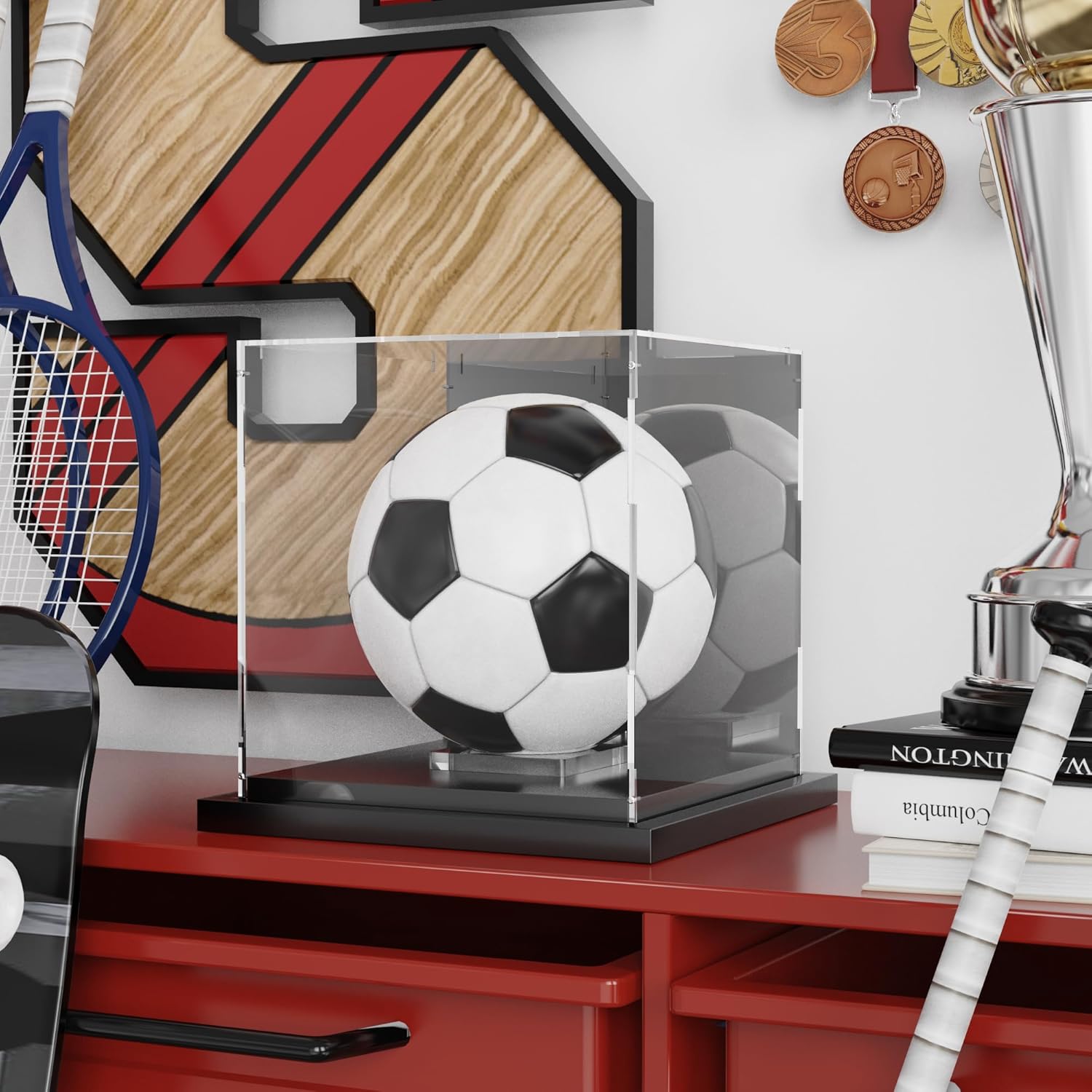 Putros Soccer Ball Display Case with Mirror and Black Metal Grooved Base Acrylic Ball Case with Transparent Removable Built-in Display Stand for Autographed Volleyball