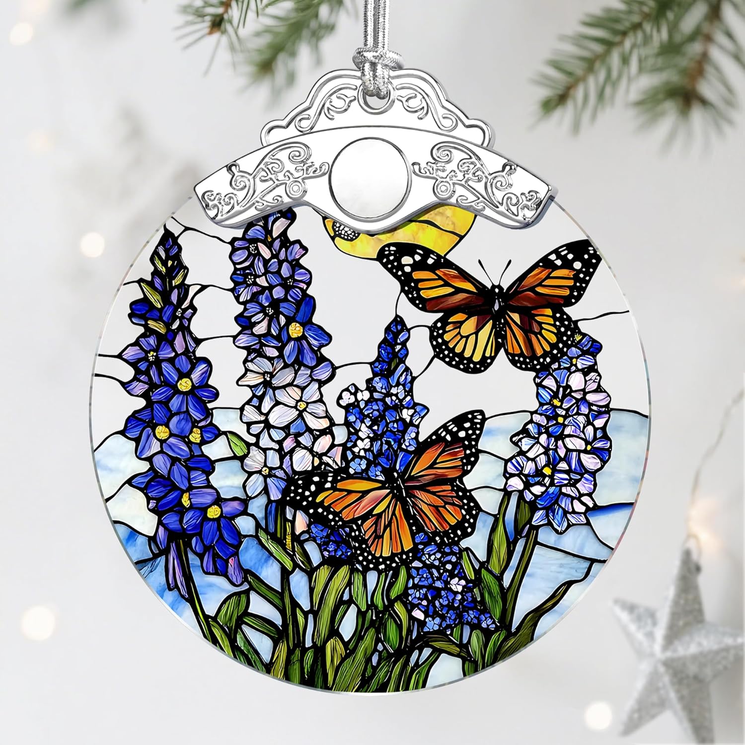 Stained Glass Ornament, Christmas Ornaments, Christmas Decorations for Tree, Holiday Ornament, Gifts for Butterfly Lovers, Holiday Party Gifts, Gift Ideas & Xmas Gift - Lavender with Butterfly