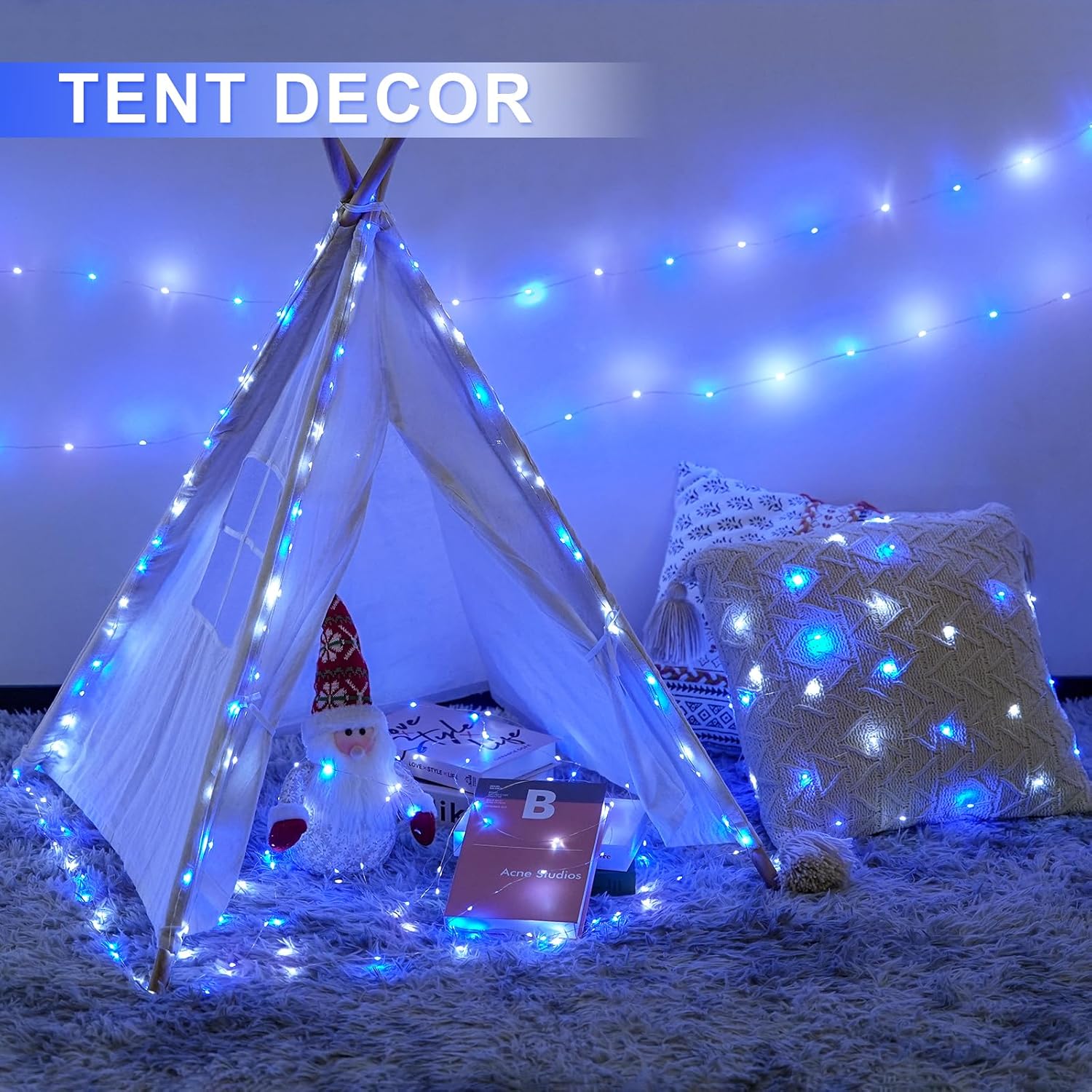 JMEXSUSS 2 Pack 100 LED Blue and White Fairy Lights Battery Operated, 33ft Blue and White Christmas Lights with Remote, 8 Modes Battery Powered Twinkle String Lights for Bedroom Christmas Tree Decor