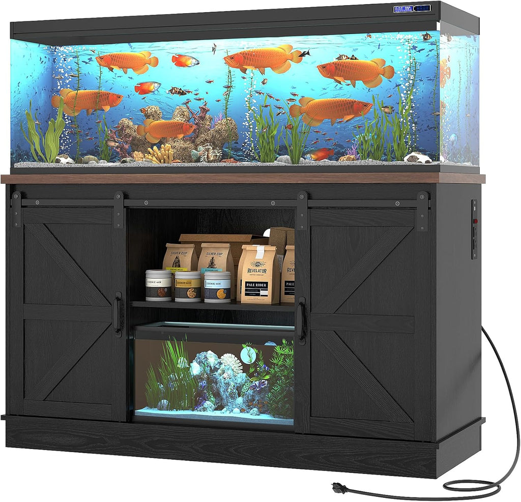 Farmhouse 55-75 Gallon Fish Tank Stand with Power Outlet, Aquarium Stand w/Cabinet&Sliding Barn Door, Heavy Duty Reptile Tank Stand for Fish/Turtle/Reptile Terrarium, 880LBS Capacity, Black