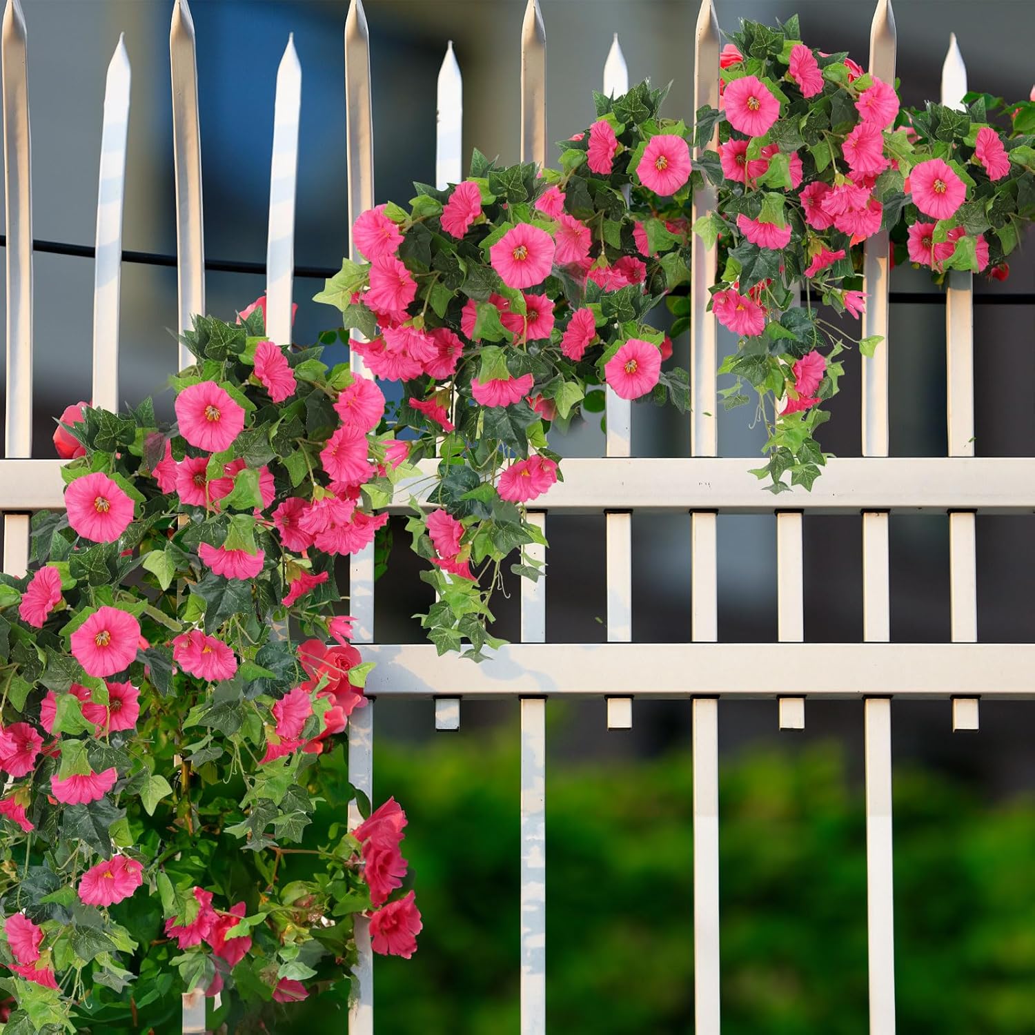RECUTMS Artificial Fake Hanging Flowers Plants for Outdoor Decoration, 2 Pcs UV Resistant Faux Petunias Trailing Plants Realistic Flower Look Real for Door Wall Yard Porch Garden Planter (Rose Red)