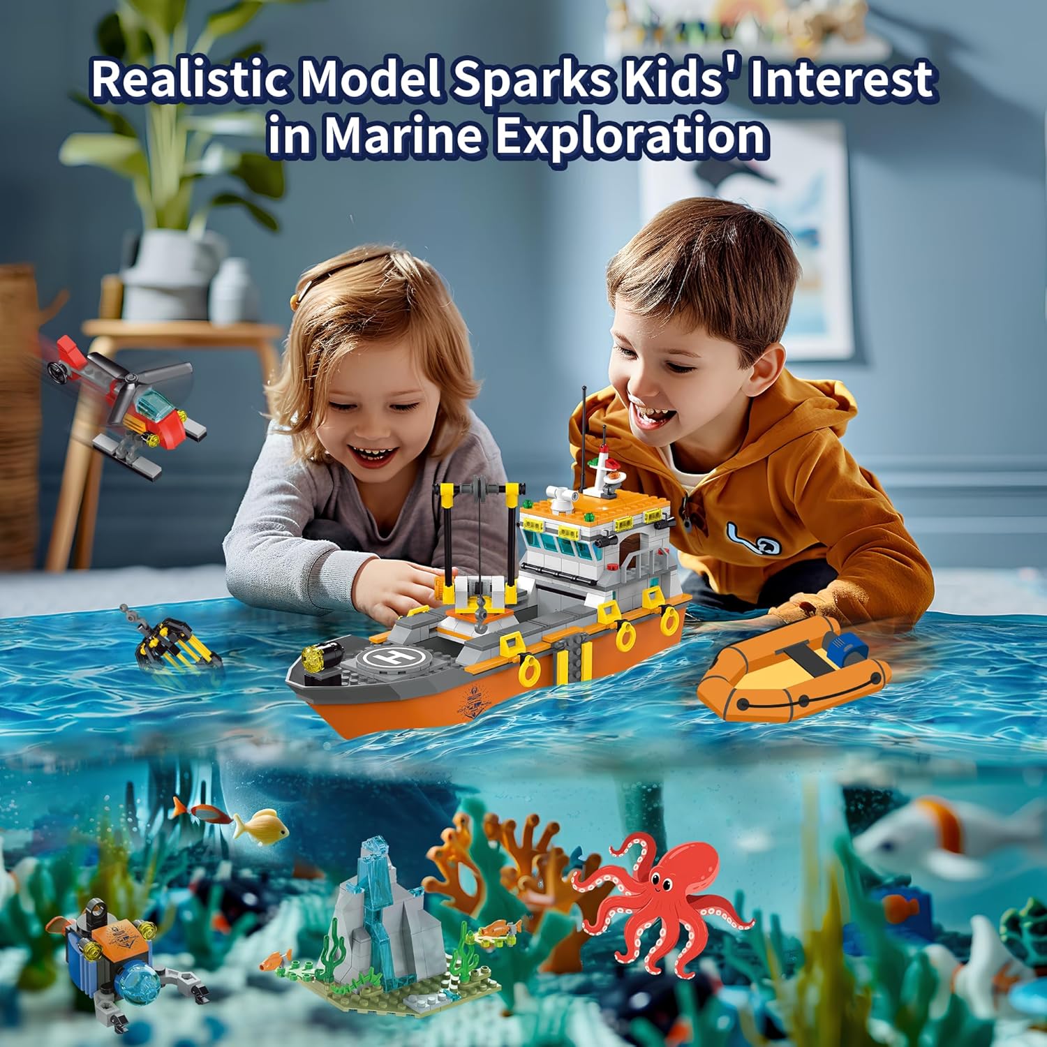 City Ocean Explorer Ship Building Set, Exploration Boat Set Toy Building Block with LED Lights, Helicopter, Submarine and Shark Cage, Birthday Gifts for 6 8 10 12 Years Old Boys Kids Girls