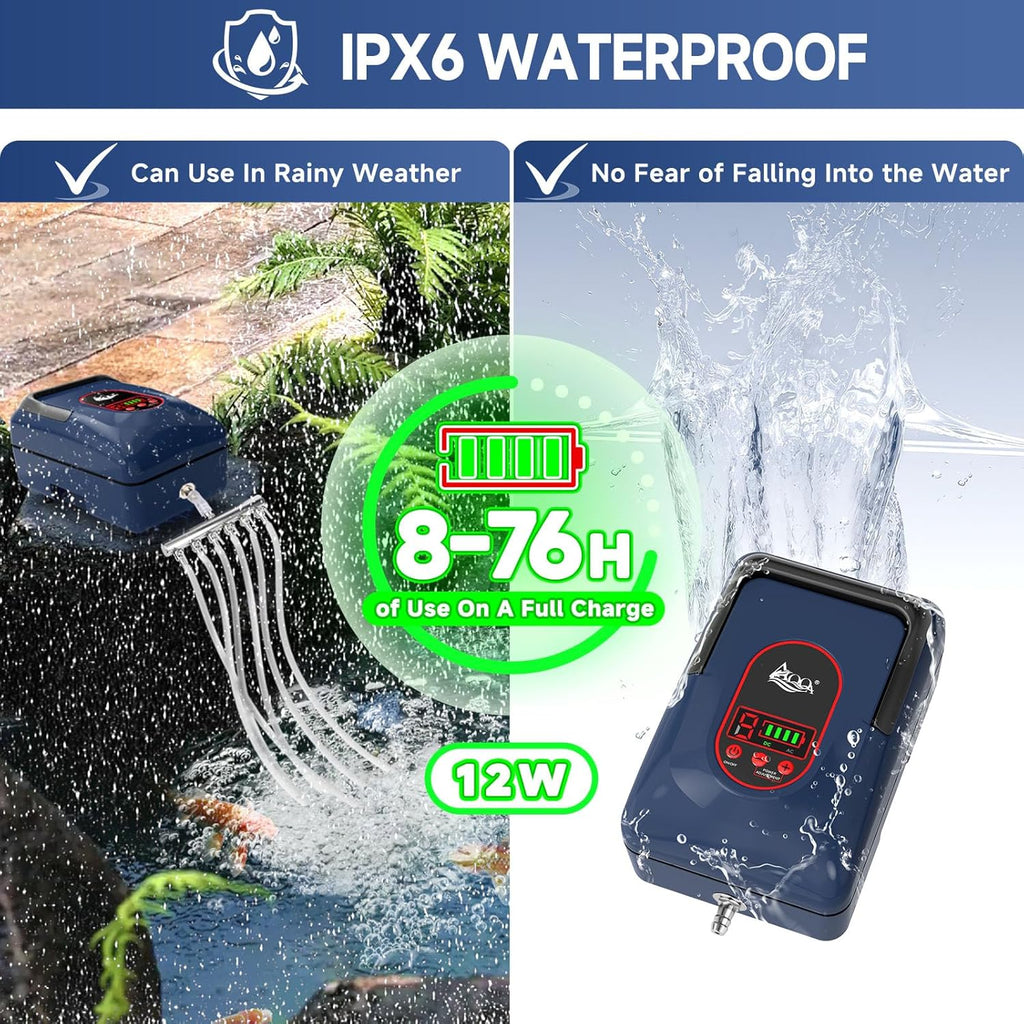 AQQA Aquarium Air Pump,AC/DC Battery Air Pump for Pond Fish Tank,9 Gear Adjustable Air Volume,IPX6 Waterproof Rechargeable Bubbler Aerator for Outdoor Fishing Breed Aquatics (12W)