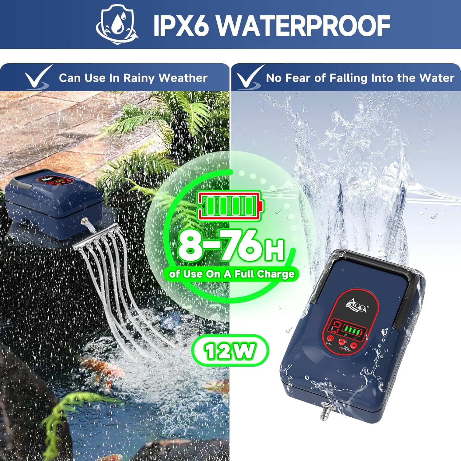 AQQA Aquarium Air Pump,AC/DC Battery Air Pump for Pond Fish Tank,9 Gear Adjustable Air Volume,IPX6 Waterproof Rechargeable Bubbler Aerator for Outdoor Fishing Breed Aquatics (12W)