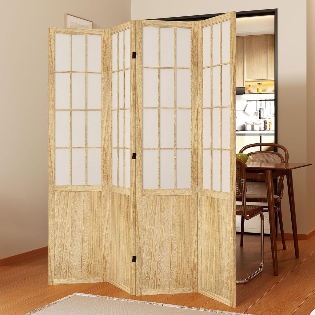 Room Divider, 66.9Inch Tall Japanese Shoji Style Folding Wood Screen with Double Hinges for Home Office Bedroom Hotel Decoration (4Panels, Natural)