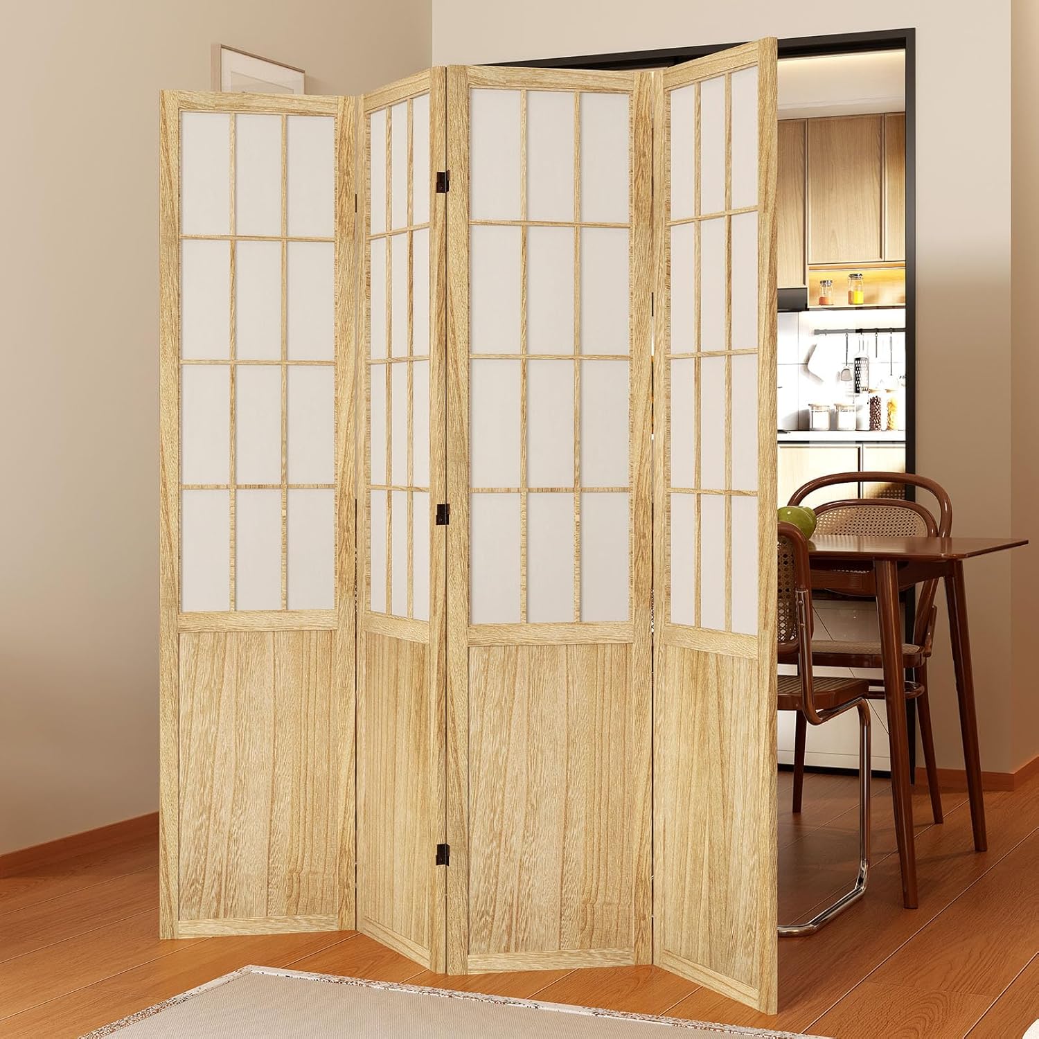 Room Divider, 66.9Inch Tall Japanese Shoji Style Folding Wood Screen with Double Hinges for Home Office Bedroom Hotel Decoration (4Panels, Natural)