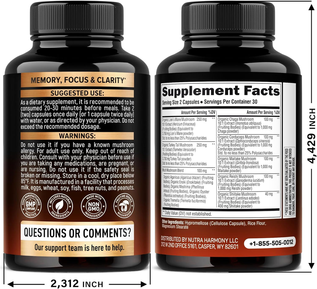 Mushroom Supplement - Organic Lions Mane | Turkey Tail | Chaga | Cordyceps | Reishi | Maitake | Shiitake | Meshima | Tremella | Oyster | Agaricus - Made in USA - Non GMO, Gluten Free - 60 Capsules