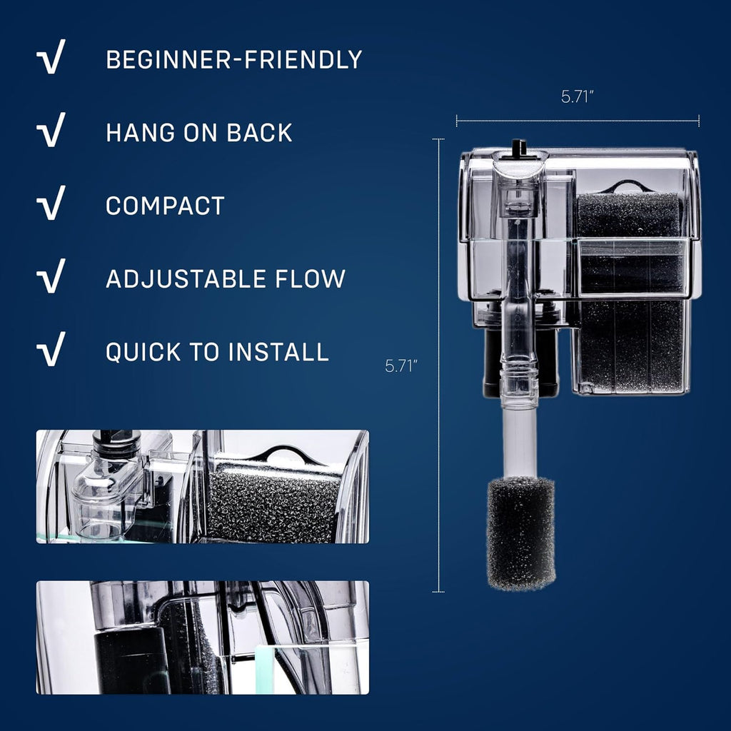 Mighty Aquarium Hang On Back Filter - Aquarium HOB Filter - Adjustable Fish Tank Filter - Aquarium Filters - Nano Aquarium Filter - Fish Aquarium Filter - Hang On Back Aquarium Filter (10-16 Gallons)