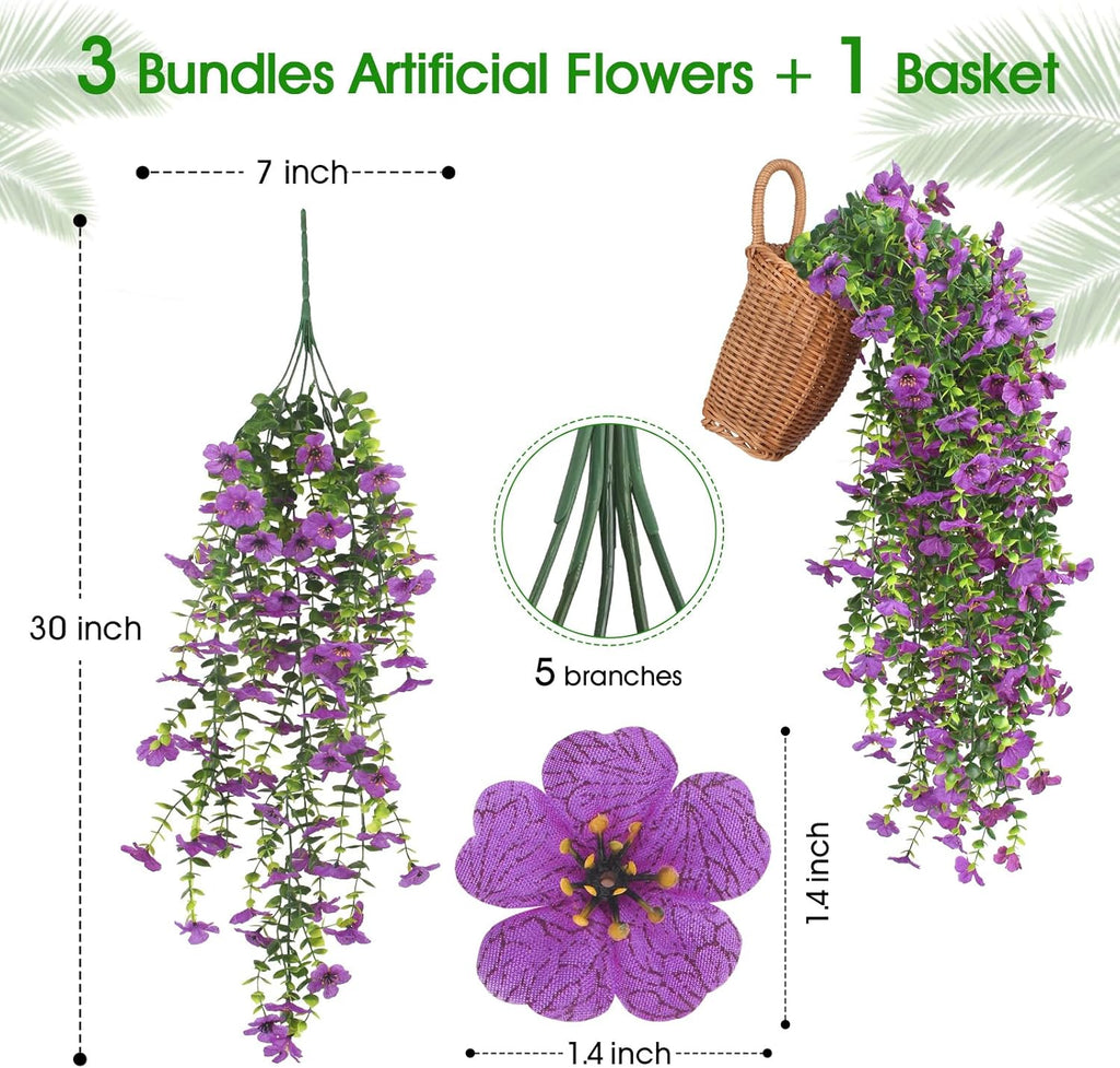 3 PCS Artificial Fake Hanging Flowers Plants with Basket for Spring Outdoor Outside Decoration, UV Resistant Faux Plastic Fabric Flower for Garden Porch Patio Balcony Yard Decor（Purple）
