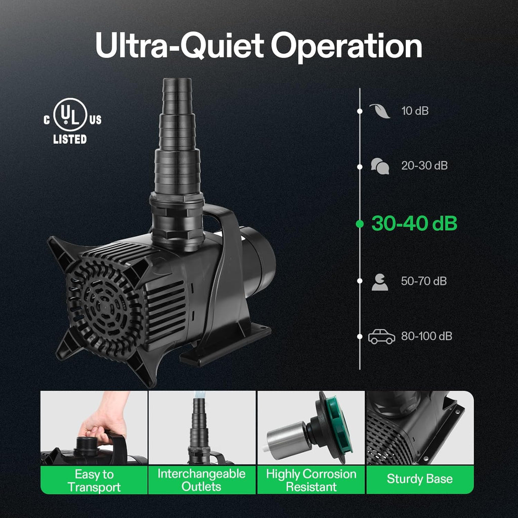 VIVOSUN 5284 GPH Submersible Water Pump, 400W Pond Pump, Ultra Quiet Aquarium Pump with 29.5FT Lift Height for Pond, Waterfall, Fish Tank, Statuary, Hydroponic