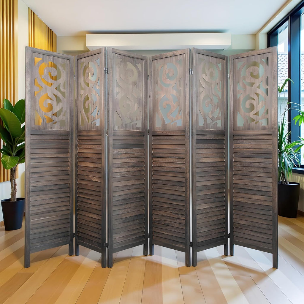 6 Panel Room Dividers 6FT Wall Divider Carved Wood Room Separator Folding Privacy Screens Cutout Design Foldable Partition Wall for Office Restaurant, Studio Apartment, Rustic Brown