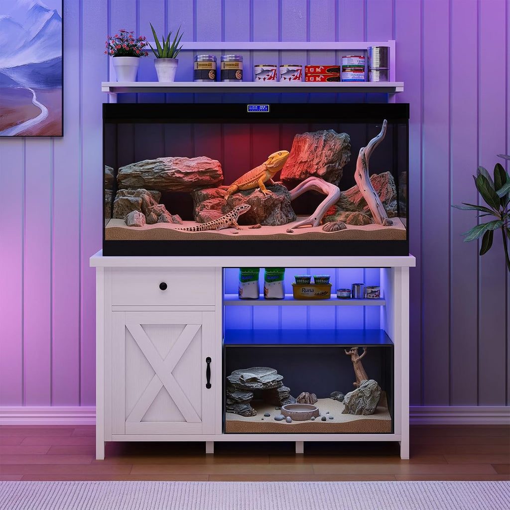 Reptile Tank Stand with Power Outlet, Terrarium Stand with Storage Cabinet, 49" X 20" Tabletop, Aquarium Stand with LED Lights, Reptile Terrarium,Turtle Tank, 1100LBS, White