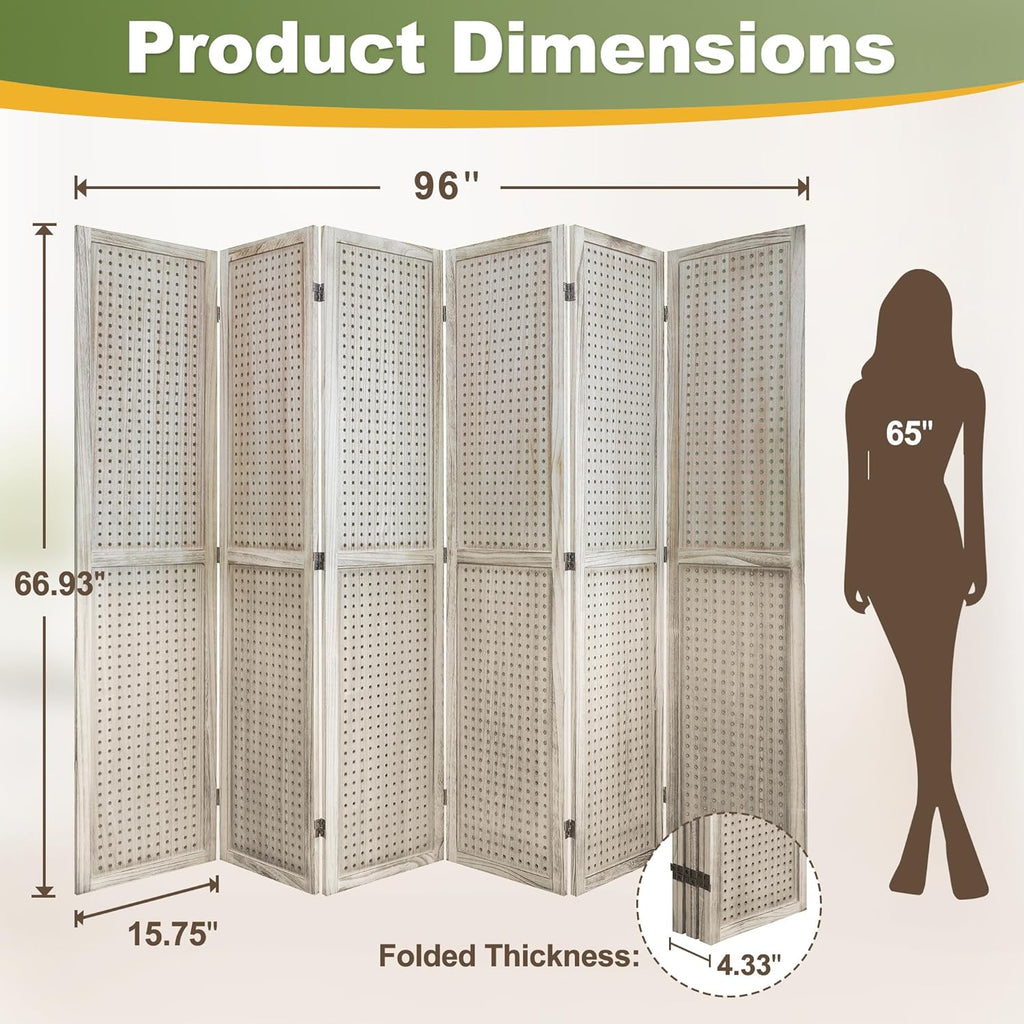 NicBex Room Divider 6 Panel Pegboard Display 5.6FT Wood PegBoard Room Dividers, Folding Privacy Screens Portable Display Board Wall Divider for Craft/Art Shows, Room Separation, Natural Wood