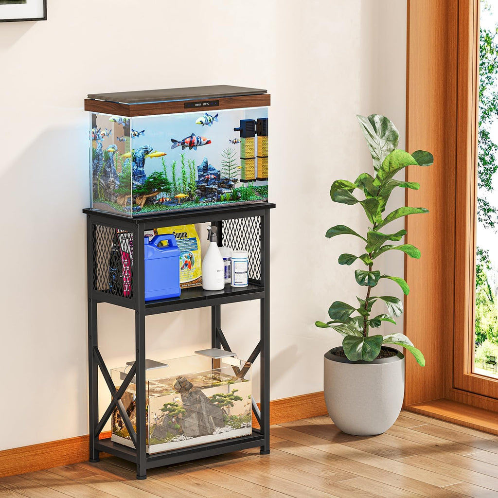 Snughome 10 Gallon Aquarium Stand with Storage, 3 Tier Heavy Metal Fish Tank Stand Shelf 20.47" x 11.42" x 30.91", Black