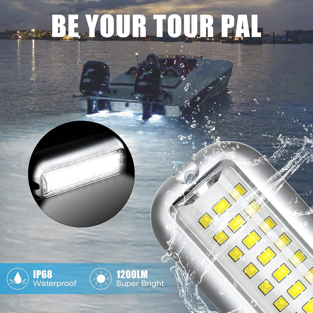 BASIKER BS1 Marine LED Boat Light (2x1200LM 27LED), 10-36V, 316 Stainless Steel, IP68, Air or Underwater, Surface Mount Designed for Cruise Ships, Yachts, Boats, Sailboat, Pontoon, Transom (White)