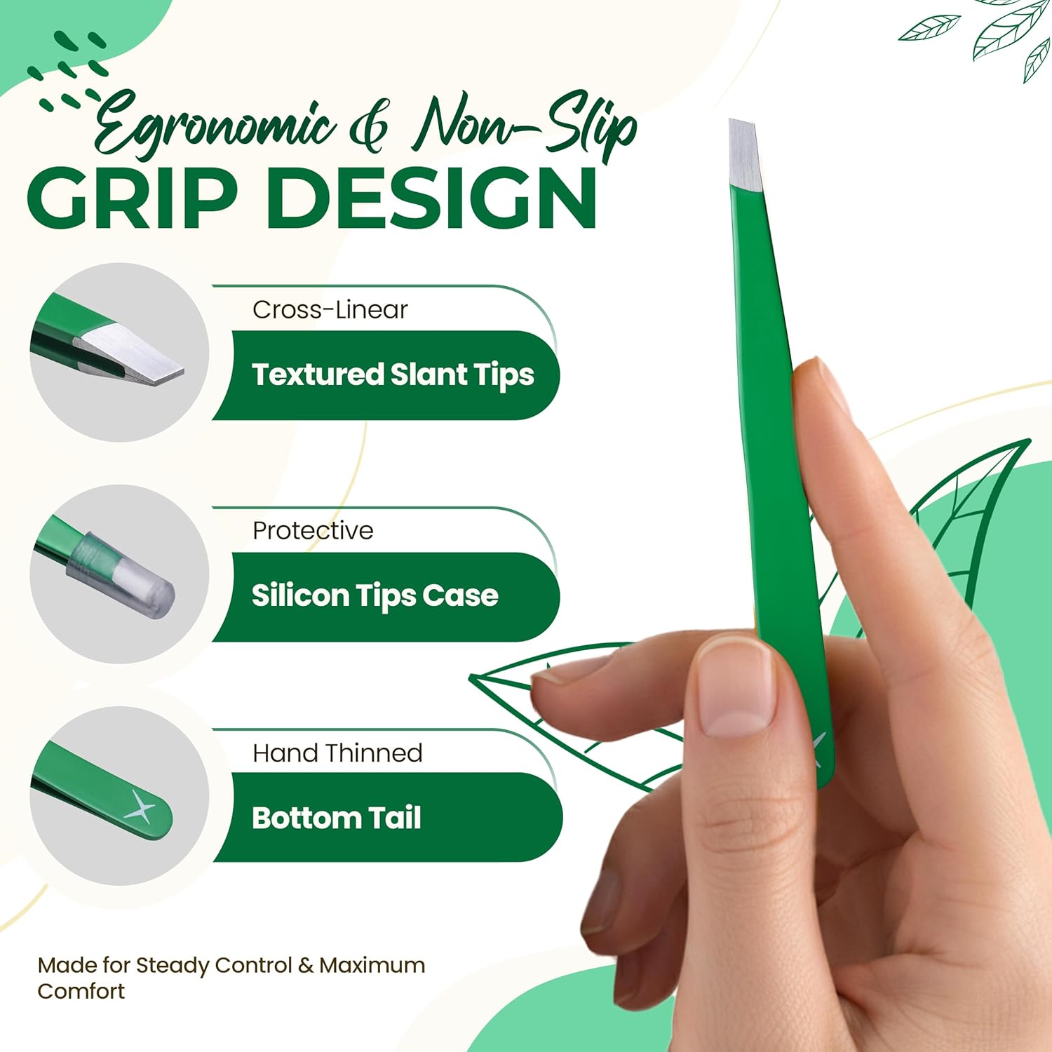 Professional Slant Tip Eyebrow Tweezers for Women & Men – Precision Hair Removal Tool – Stainless Steel Tweezers for Eyebrow Shaping, Facial Hair, Ingrown Hair & Splinter Removal (Jade Green)