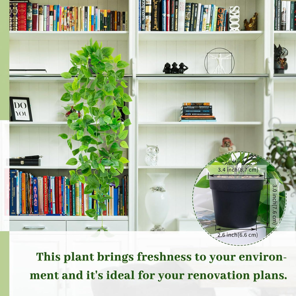 Artificial Hanging Plants Small Fake Pothos 39-in Long Potted Vine Plant Faux Trailing Ivy Vine for Shelf Home Office Indoor Outdoor Garden Greenery Decor (Black Pot)