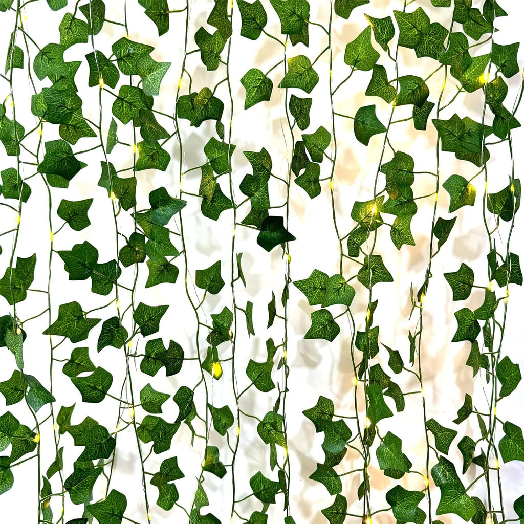 6 Pcs Artificial Hanging Plants Sweet Potato Leaf Vines With 60 Warm Lights, Fake Plant Vine Hanging Garland for Wall, PartyWedding, Home, Kitchen, Indoor and Outdoor Decoration (Creeper Vine Leaves)