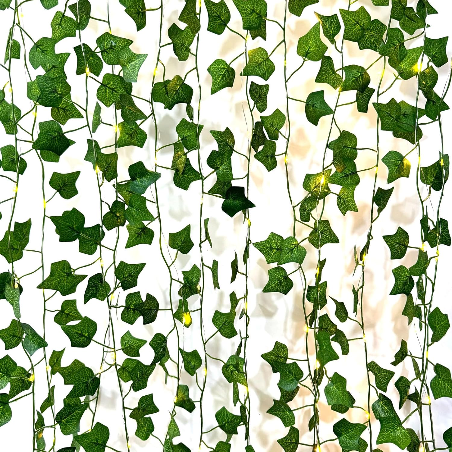 6 Pcs Artificial Hanging Plants Sweet Potato Leaf Vines With 60 Warm Lights, Fake Plant Vine Hanging Garland for Wall, PartyWedding, Home, Kitchen, Indoor and Outdoor Decoration (Creeper Vine Leaves)