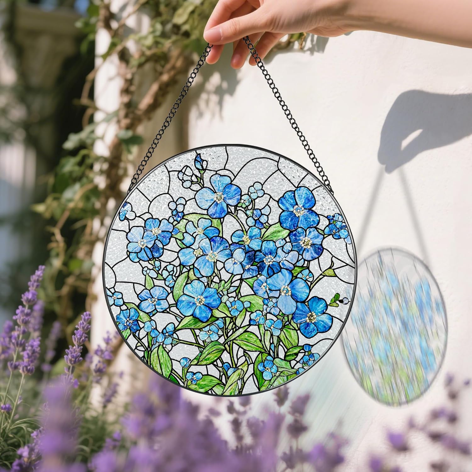 Stained Glass Window Hanging, 8 Inch Forget Me Not Stained Glass Suncatcher, Window Hanging Decor, Flower Sun Catchers, Gifts for Flower Lover, Birthday Gifts for Lover, Friend, Family, Teacher