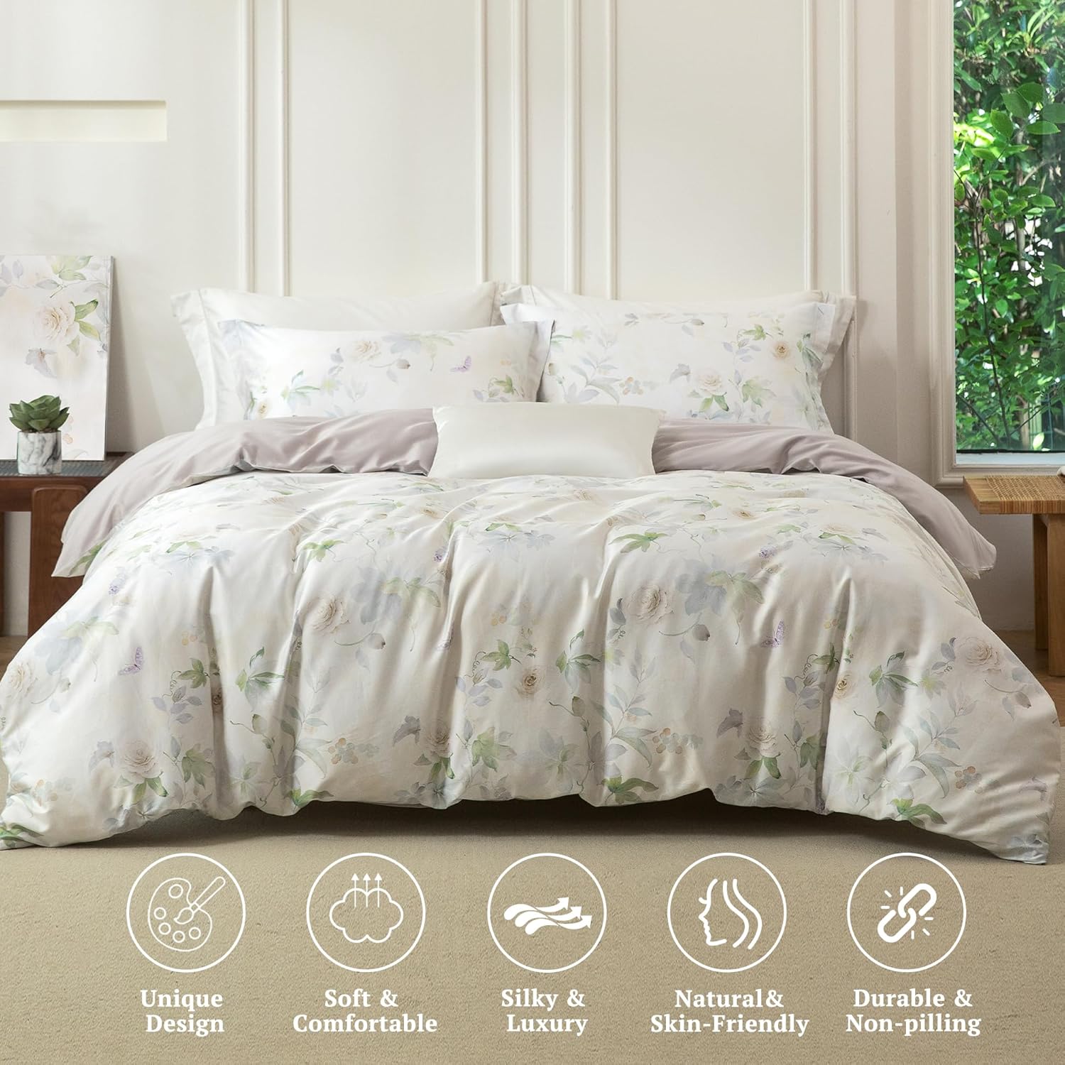 MILDLY King Size Duvet Cover Set 100% Long-Staple Cotton Luxury White Floral Patten Reversible Comforter Cover Set 3Pcs