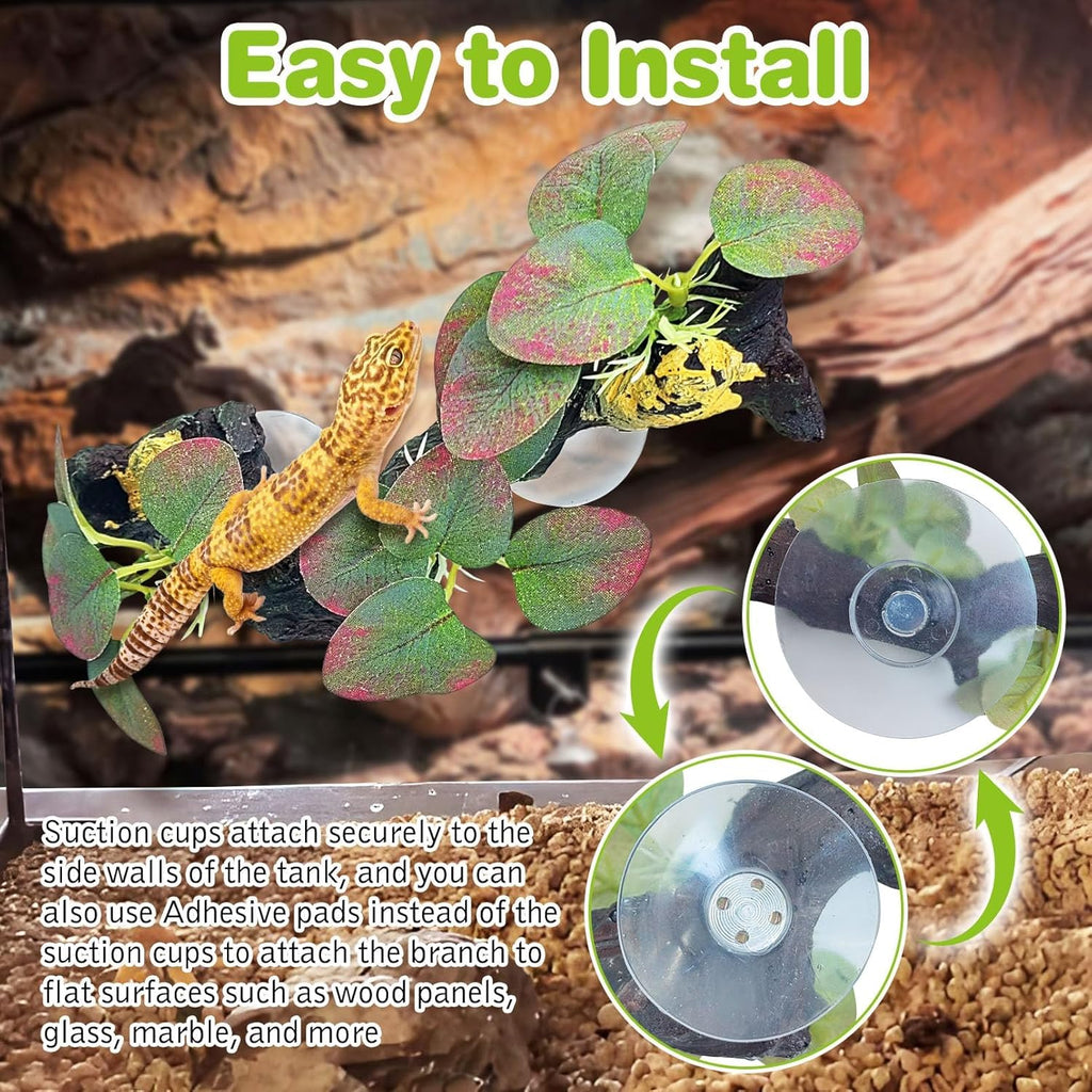 kathson 2 PCS Reptile Corner Branch Resin Snake Climbing Accessories with Leaves Terrarium Plant Decoration with Suction Cup for Lizard Frog Bearded Dragon Gecko Spider Climbing 7.8 x 3.1 x 1.4 inches