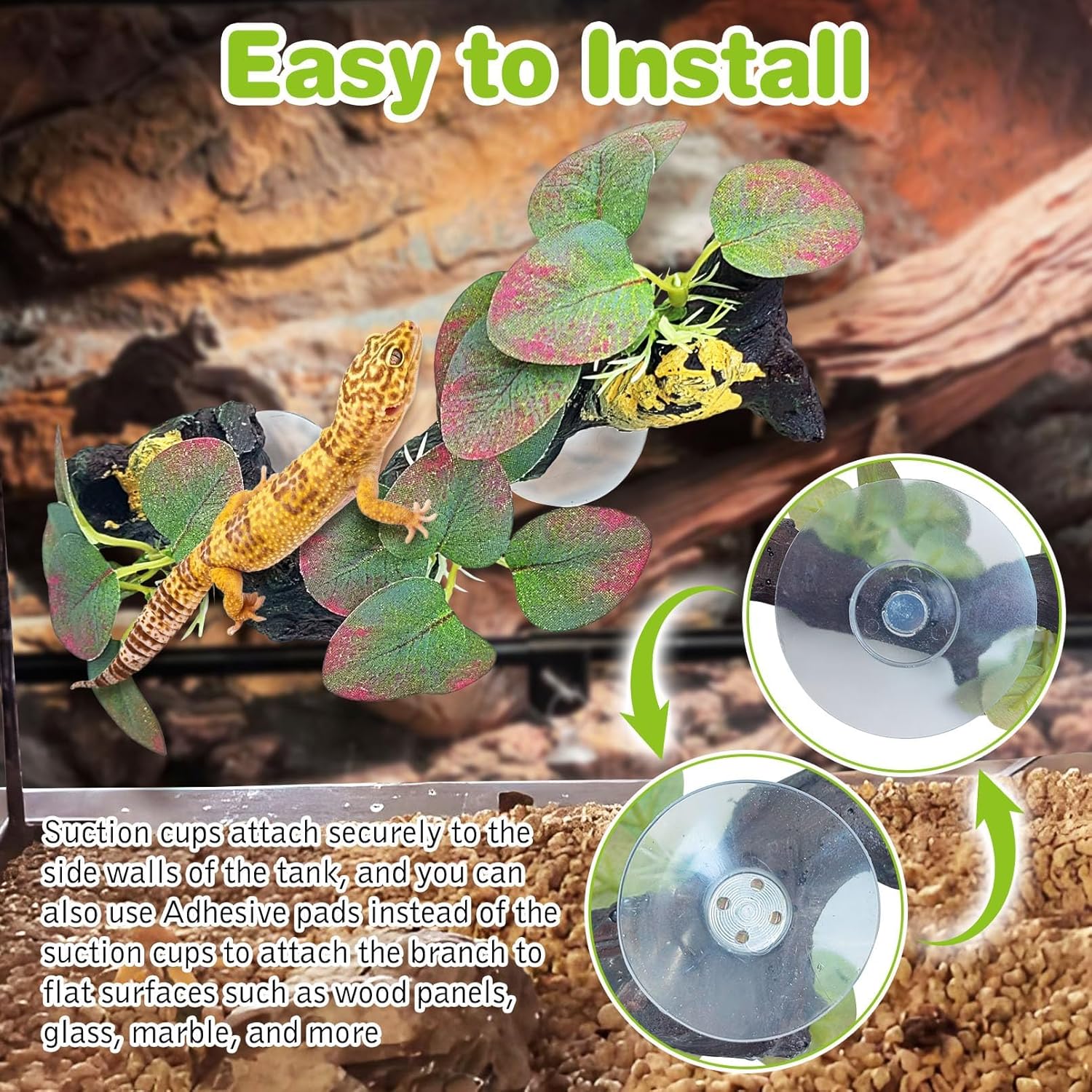 kathson 2 PCS Reptile Corner Branch Resin Snake Climbing Accessories with Leaves Terrarium Plant Decoration with Suction Cup for Lizard Frog Bearded Dragon Gecko Spider Climbing 7.8 x 3.1 x 1.4 inches