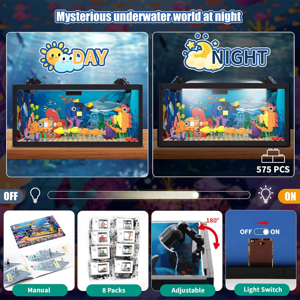 8 in 1 Fish Tank Building Sets, Marine Aquarium Building Block with LED Light Party Favors 9 Model Toy Including Octopus Crab, Christmas Birthday Gifts for Boys Girls Kids Ages 6 8 10 12+