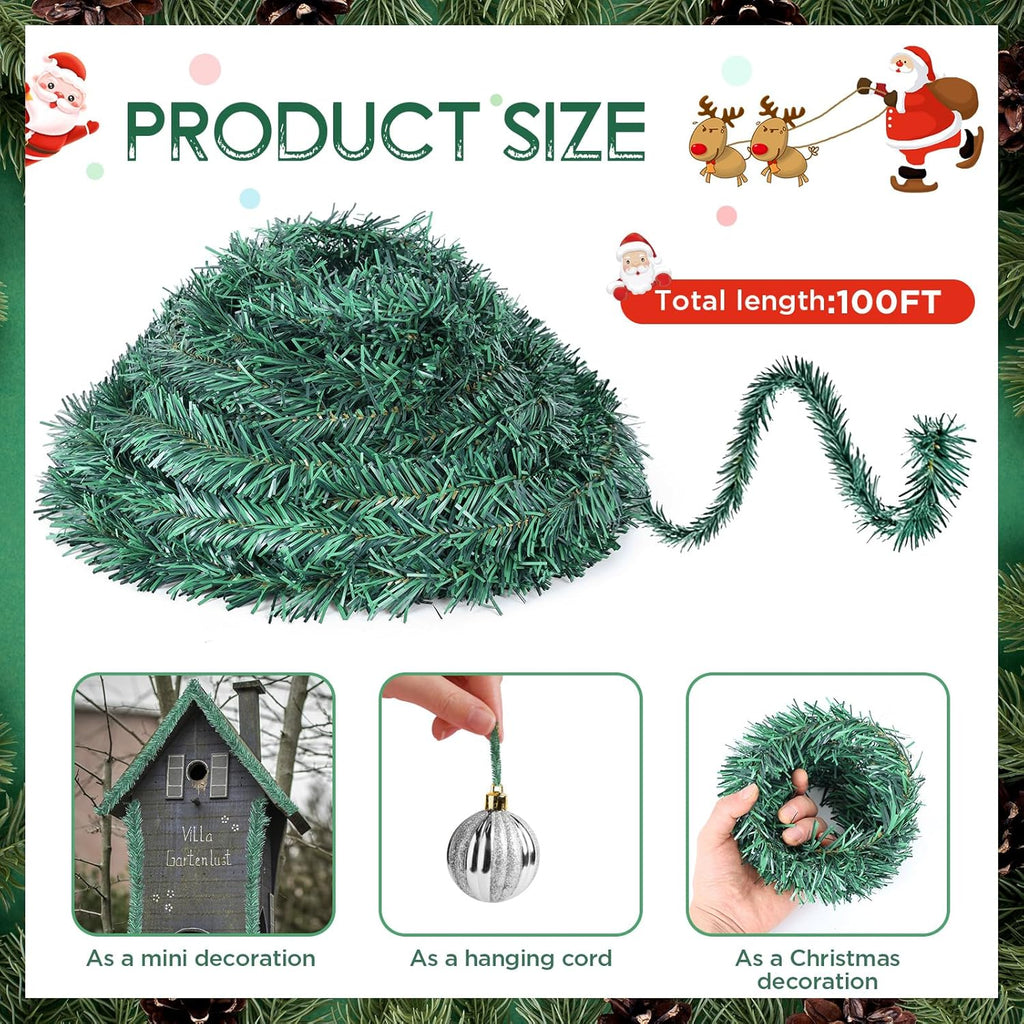 100 Ft Christmas Miniature Artificial Pine Garlands Mini Green Pine Greenery Roping Garlands Miniature Thin Wired Stems Ties for Xmas DIY Crafts Holiday Season Outdoor Indoor Party Decorations