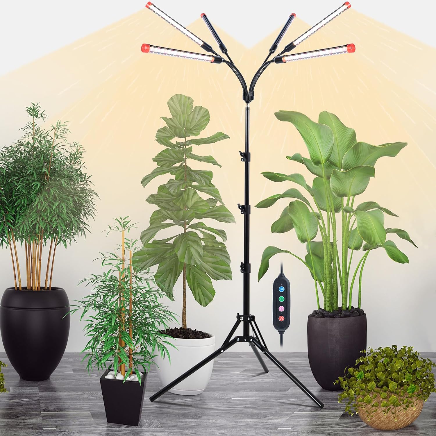6-Head Grow Light with Stand and Timer, 54 Watt Power Home Plug LED Grow Lights for Indoor Plants for Tall Houseplants, Bonsai Tree, Seed Starting, 24"-64" Adjustable Height