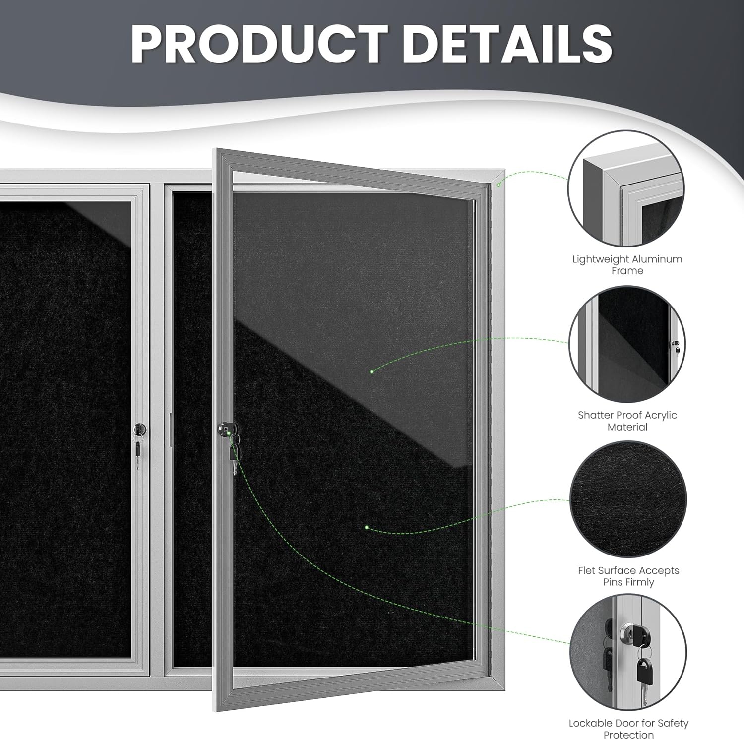 48"x36" Lockable Enclosed Bulletin Board, Outdoor Flet Weather-Resistant Aluminum Frame Notice Board, Wall Mounted Display Case Acrylic Doors for School,Office,Silver Frame w/Black Flet