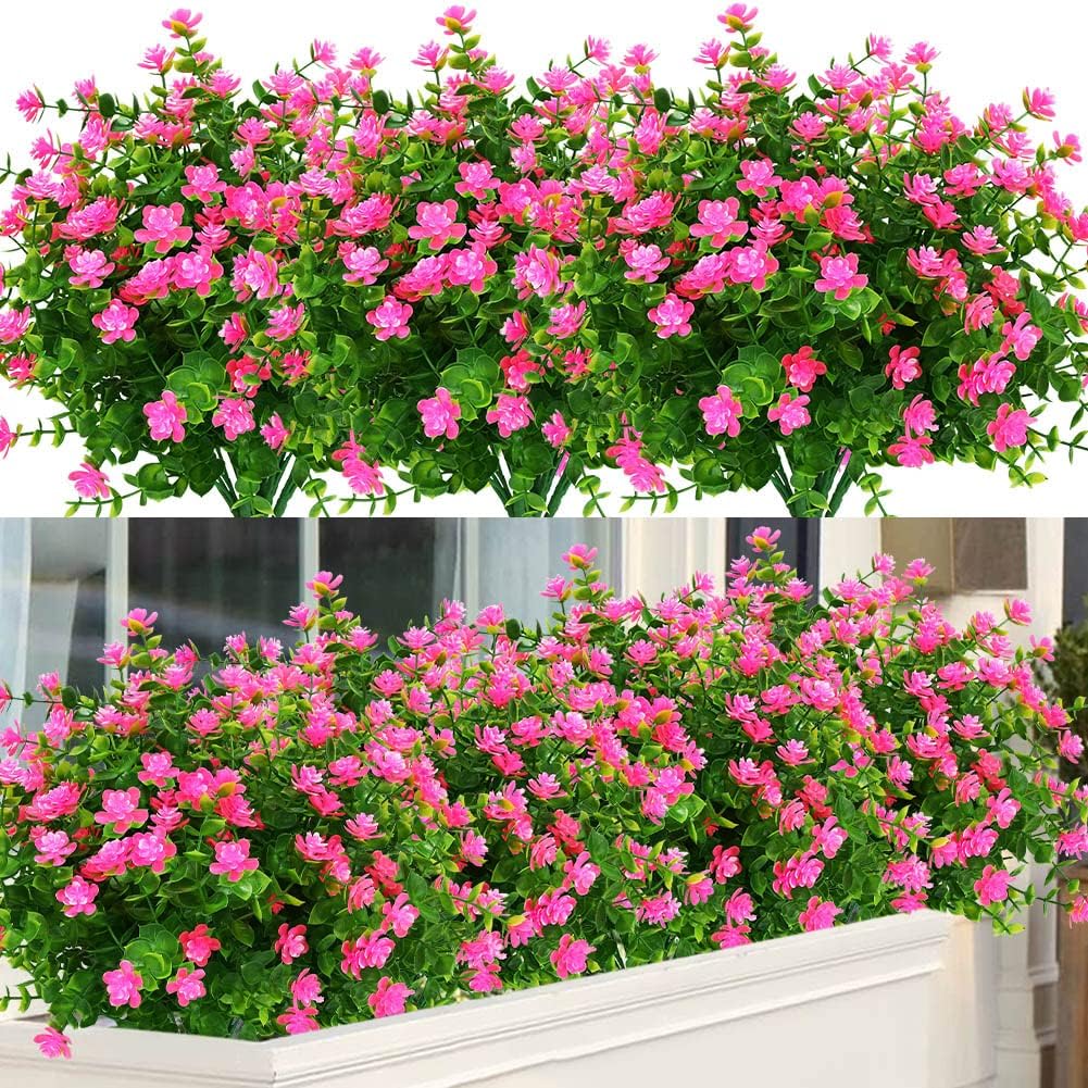 12 Bundles Outdoor Artificial Flowers UV Resistant Fake Boxwood Plants, Faux Greenery for Indoor Outside Hanging Plants Garden Porch Window Box Home Wedding Farmhouse Décor (Pink)