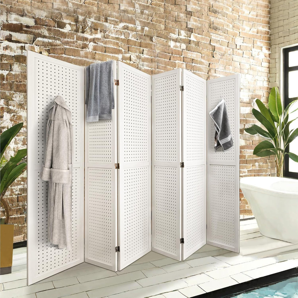 NicBex Room Divider 6 Panel Pegboard Display 5.6FT Wood PegBoard Room Dividers, Folding Privacy Screens Portable Display Board Wall Divider for Craft/Art Shows, Room Separation, White