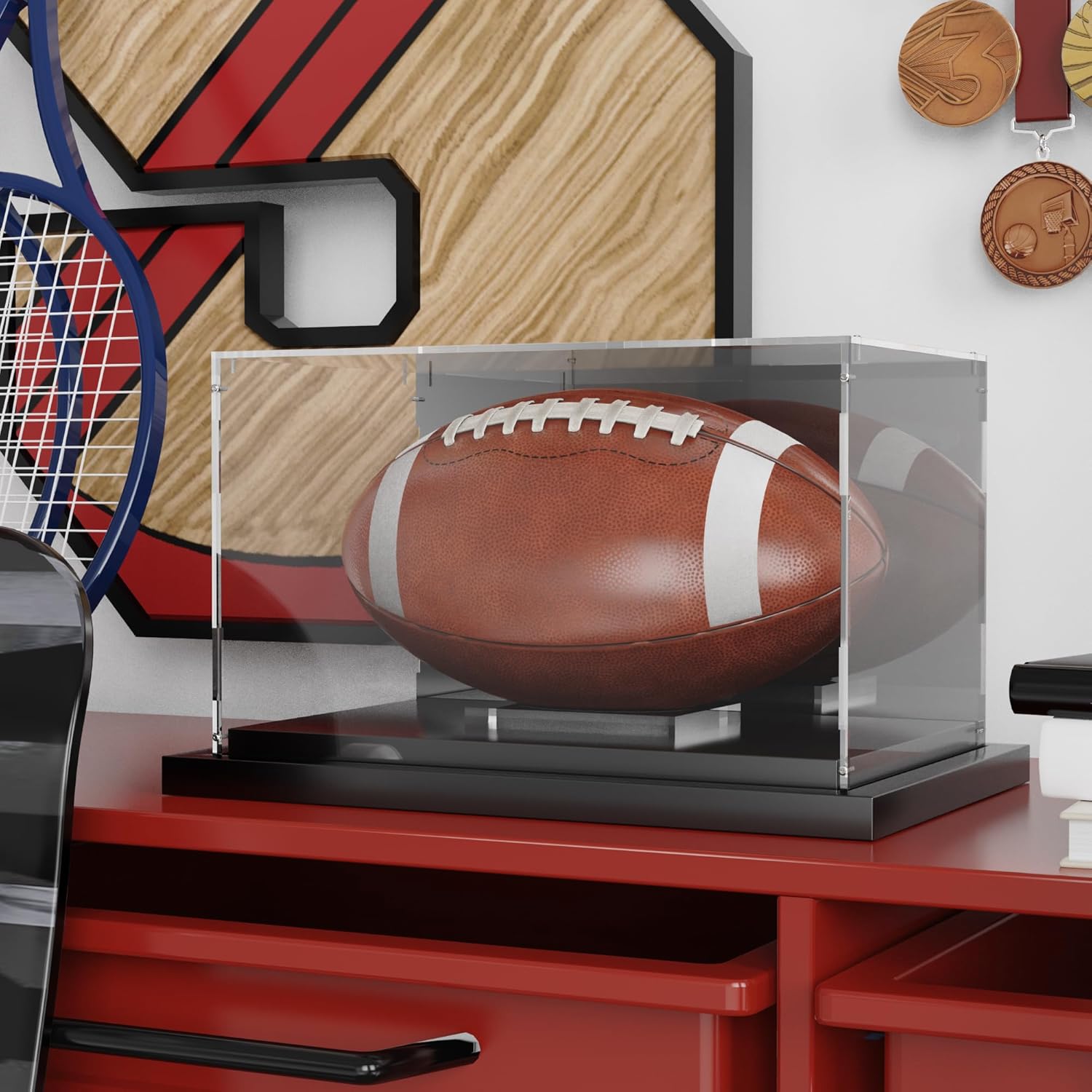 Putros Football Display Case with Mirror and Black Metal Grooved Base Acrylic Football Case with Transparent Removable Built-in Football Display Stand for Autographed Football
