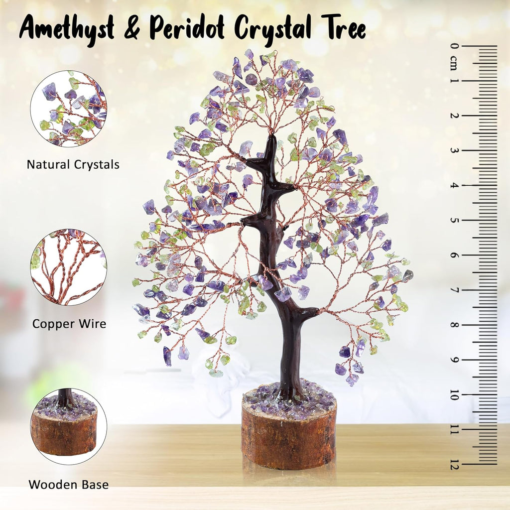 Amethyst & Peridot Crystal Tree Gemstone Tree of Life Chakra Bonsai Tree for Room, Desk & Office Decor Spiritual Gift Meditation Birthday Gift for Women Mom her Sister Housewarming Gifts Home