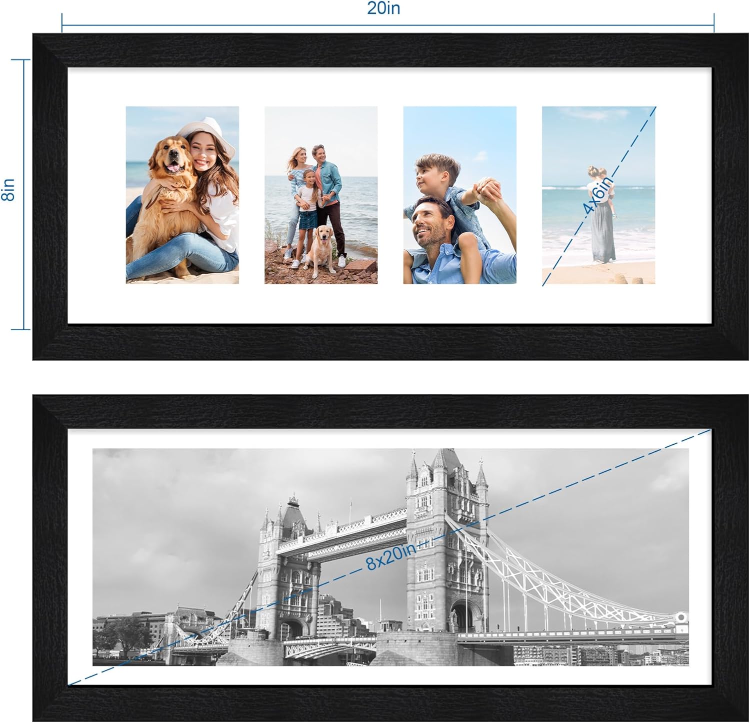 8x20 Picture Frame Set of 2, Rustic Black Wood Frame with Tempered Glass Collage Frame, Display Pictures Four 4x6 With Mat or 8 x 20 Without Mat - Horizontal or Vertical Wall Mounting