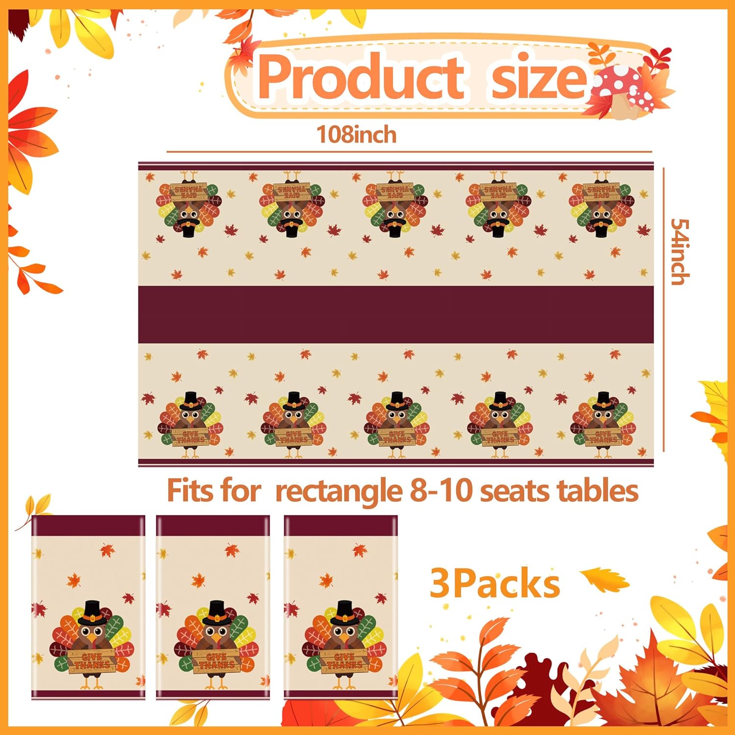 Thanksgiving Turkey Tablecloth Disposable Plastic Table Cover Fall Tablecloths Thanksgiving Table Decor for Friendsgiving Party Decorations 54"x108" 3 Pack