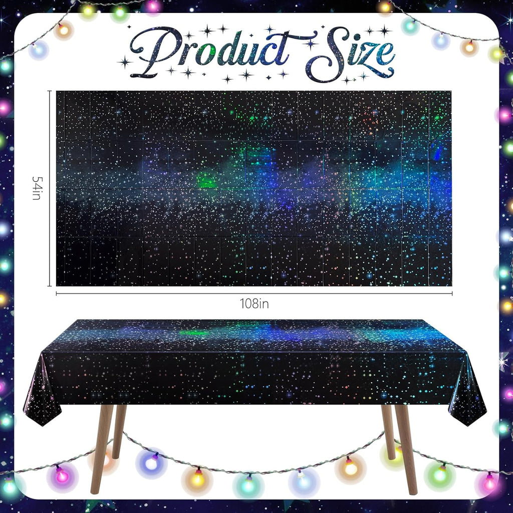 2 Pack Iridescent Galaxy Holography Tablecloth, 54'' x 108'' Color-Shifting Space Table Cover with Reflective Stars, Disposable Plastic, Waterproof & Durable for Starry Night, Birthday, Party Décor