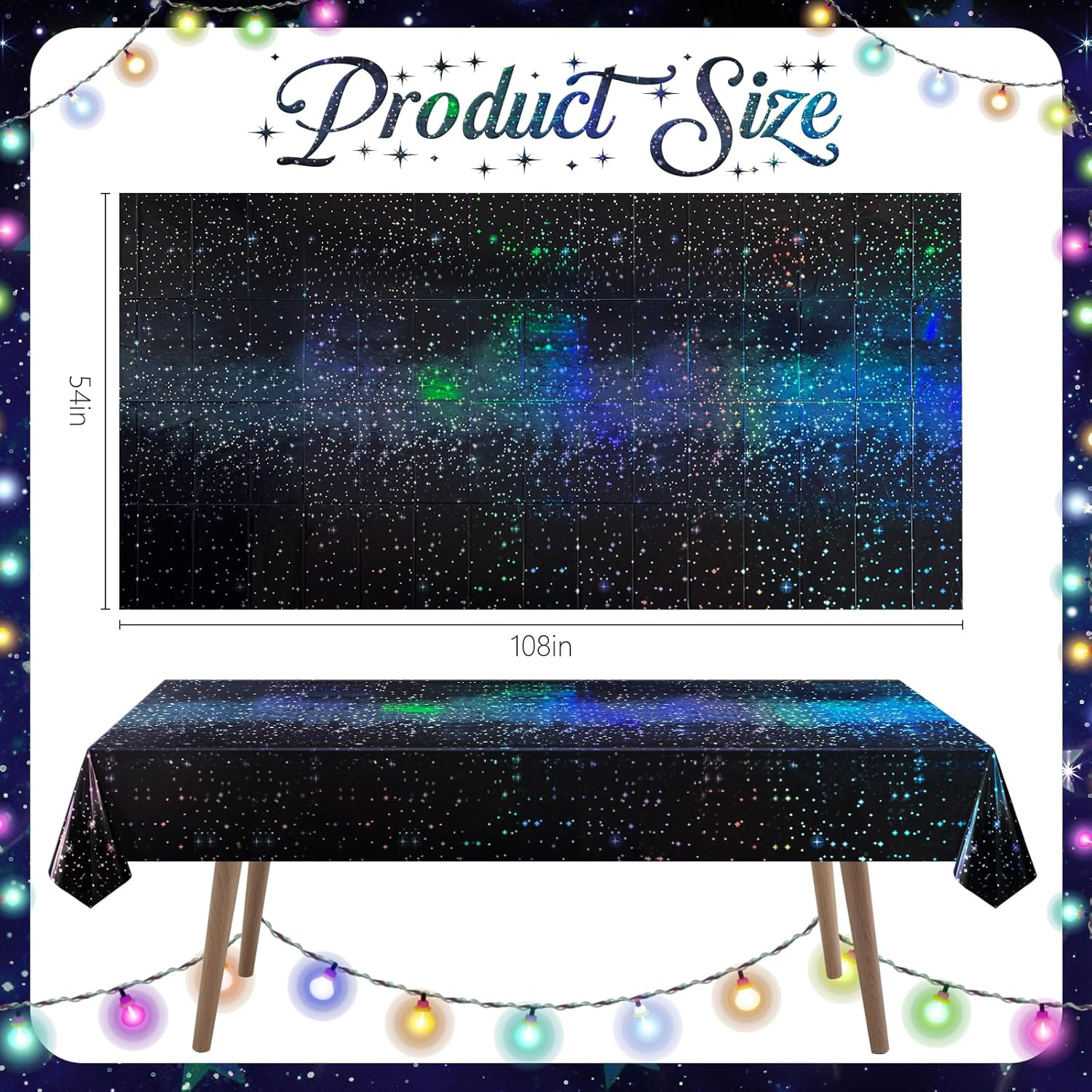 2 Pack Iridescent Galaxy Holography Tablecloth, 54'' x 108'' Color-Shifting Space Table Cover with Reflective Stars, Disposable Plastic, Waterproof & Durable for Starry Night, Birthday, Party Décor