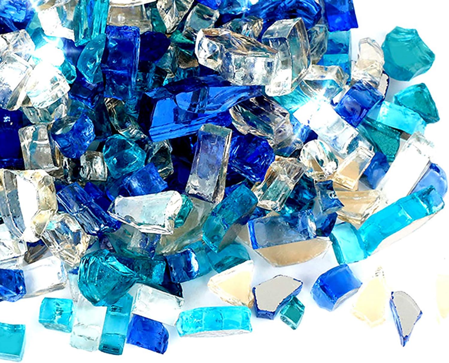 Skyflame 10-Pound Blended Fire Glass for Fire Pit Fireplace Landscaping, 1/2 inch Aqua Blue, Platinum, Cobalt Blue, Reflective
