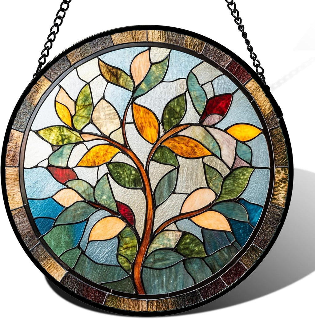 Stained Glass Window Hanging Colorful Tree of Life Large 11.8" - Plant Leaves Suncatcher Door Garden Sun Catcher Home Decor Birthday Christmas for Mom Men Woman Nana Friend