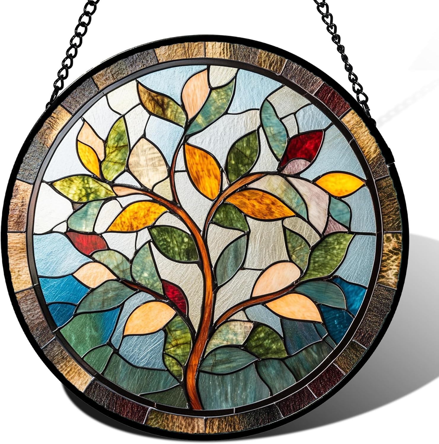 Stained Glass Window Hanging Colorful Tree of Life Large 15" - Plant Leaves Suncatcher Door Garden Sun Catcher Home Decor Birthday Christmas for Mom Men Woman Nana Friend