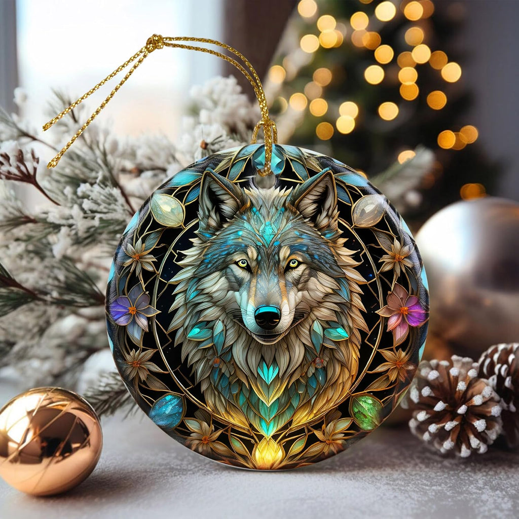 Stained Ceramic Wolf Ornament - Wolf Christmas Ornaments - Christmas Tree Ornaments - Christmas Decorations - Wolf Decor for Office, Room, Home - Holiday Present Ideas