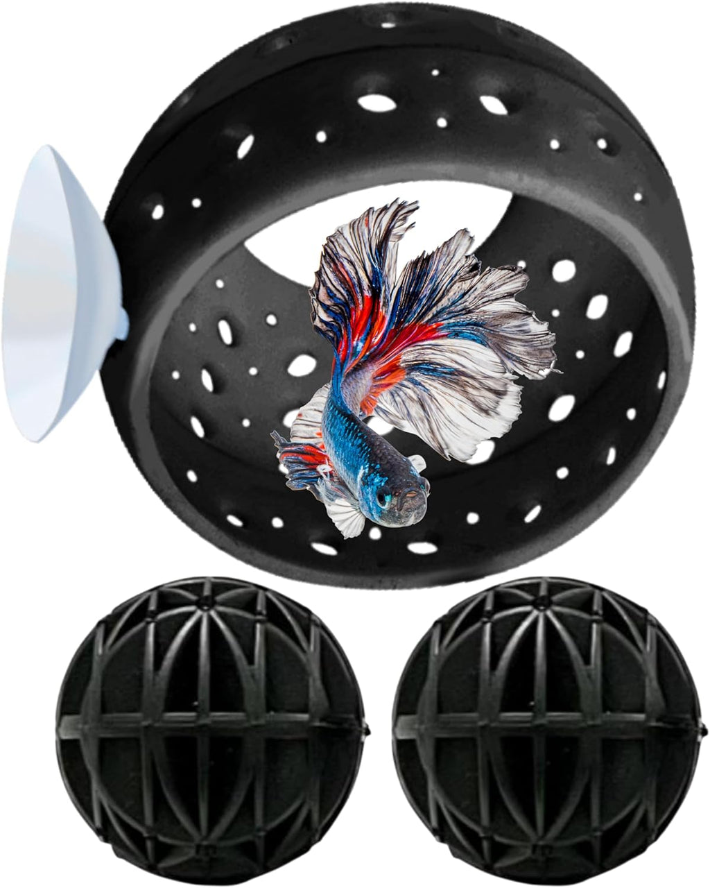 Betta Hideout Resting Spot with Filter Ball, Floating Log for Bettafish with Suction Cup, Betta Resting Spot, Hammock Float Aquarium Accessories, Aquatic Tunnel with Suction Cup (Black)