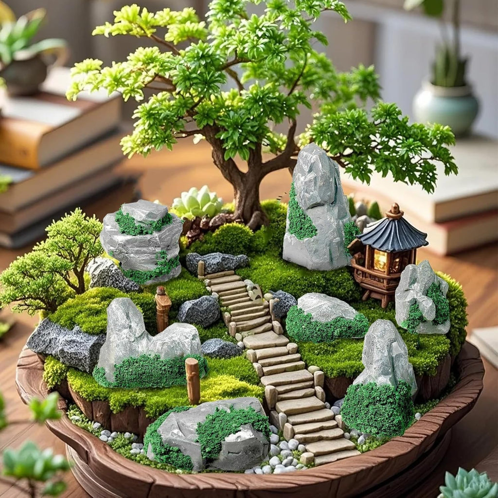 Warmtree 10 Pcs Diorama Rocks Fake Rock Miniature Stone Rock Statue for Diorama Supplies Micro Train Landscape Railway Sand Table Zen Garden Accessories (Green)