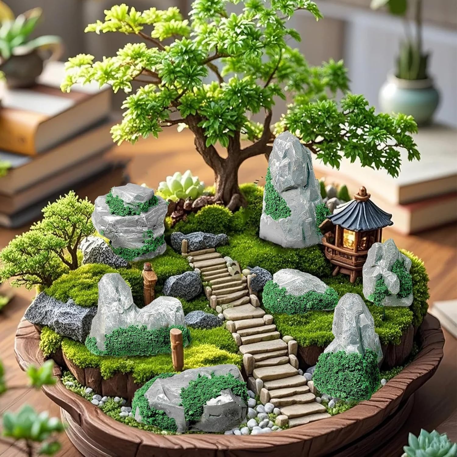 Warmtree 10 Pcs Diorama Rocks Fake Rock Miniature Stone Rock Statue for Diorama Supplies Micro Train Landscape Railway Sand Table Zen Garden Accessories (Green)